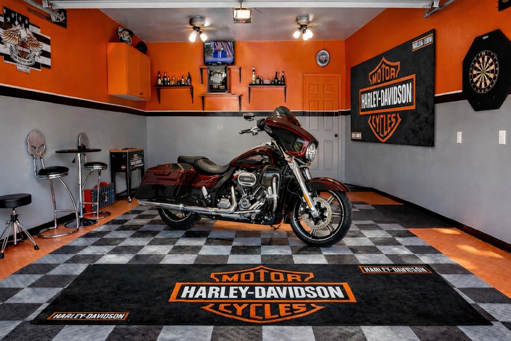 Harley Davidson Premium Garage Floor Mat - 2.5x7 ft (30x87") Luxury Anti-Slip Motorcycle Rug & Wall Decor