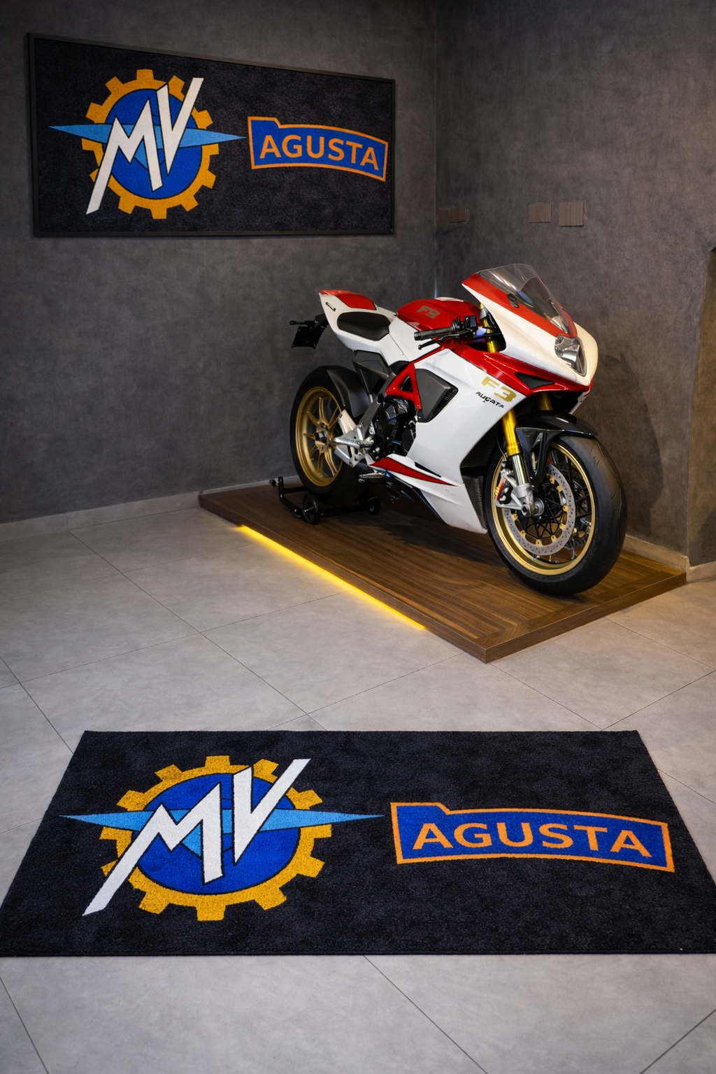 MV Agusta Premium Garage Floor Mat - 2.5x7 ft (30x87") Luxury Anti-Slip Motorcycle Rug & Wall Decor