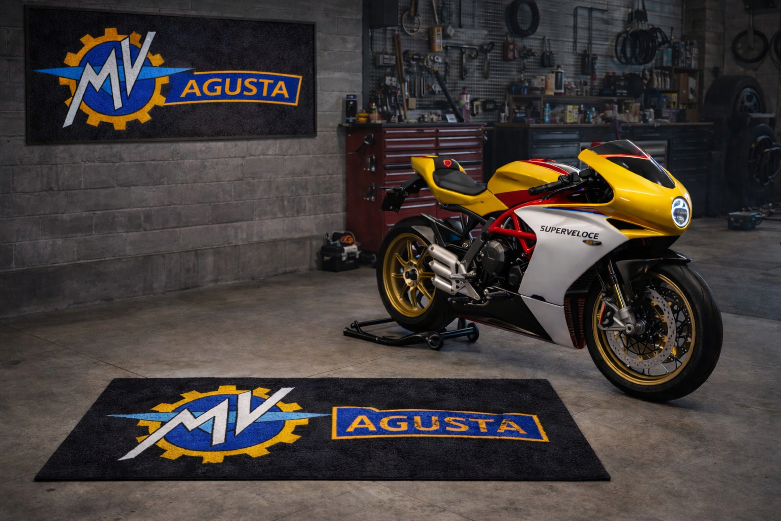 MV Agusta Premium Garage Floor Mat - 2.5x7 ft (30x87") Luxury Anti-Slip Motorcycle Rug & Wall Decor