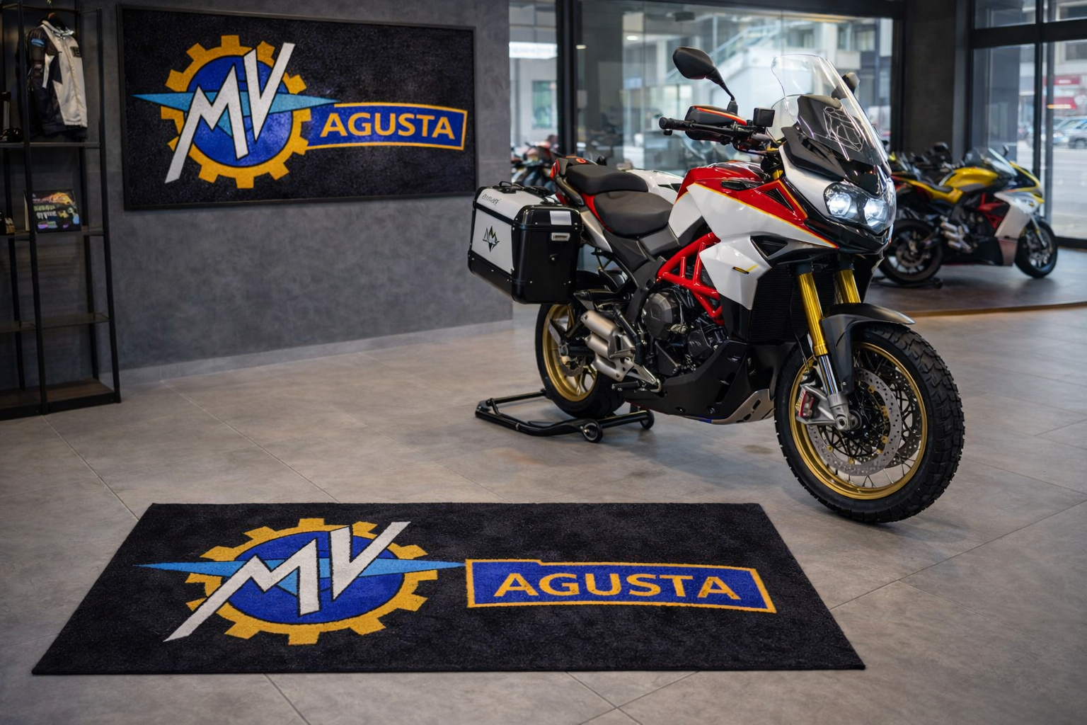 MV Agusta Premium Garage Floor Mat - 2.5x7 ft (30x87") Luxury Anti-Slip Motorcycle Rug & Wall Decor