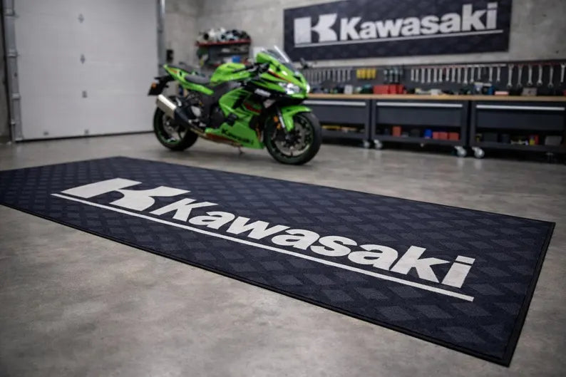 Kawasaki Premium Garage Floor Mat - 2.5x7 ft (30x87") Luxury Anti-Slip Motorcycle Rug & Wall Decor