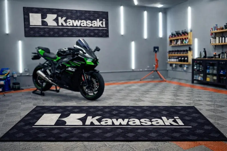 Kawasaki Premium Garage Floor Mat - 2.5x7 ft (30x87") Luxury Anti-Slip Motorcycle Rug & Wall Decor
