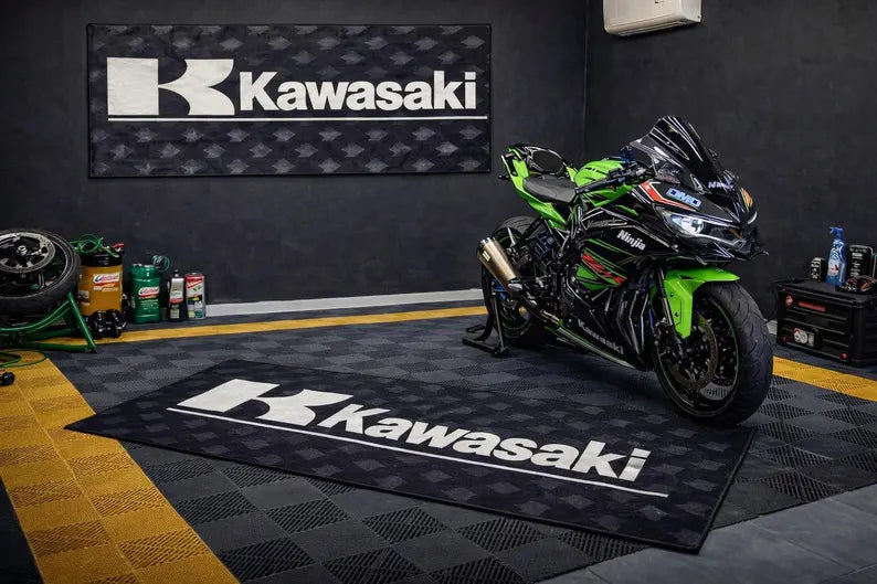 Kawasaki Premium Garage Floor Mat - 2.5x7 ft (30x87") Luxury Anti-Slip Motorcycle Rug & Wall Decor