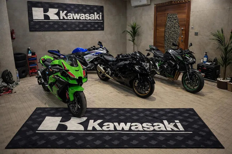 Kawasaki Premium Garage Floor Mat - 2.5x7 ft (30x87") Luxury Anti-Slip Motorcycle Rug & Wall Decor